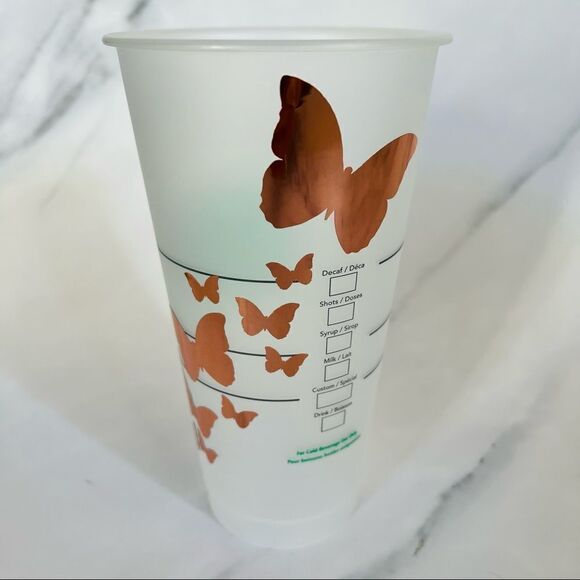 Starbucks custom Metallic Rose Gold Butterfly Venti 24 Fl Oz Cold Cup NWT - Picture 1 of 3